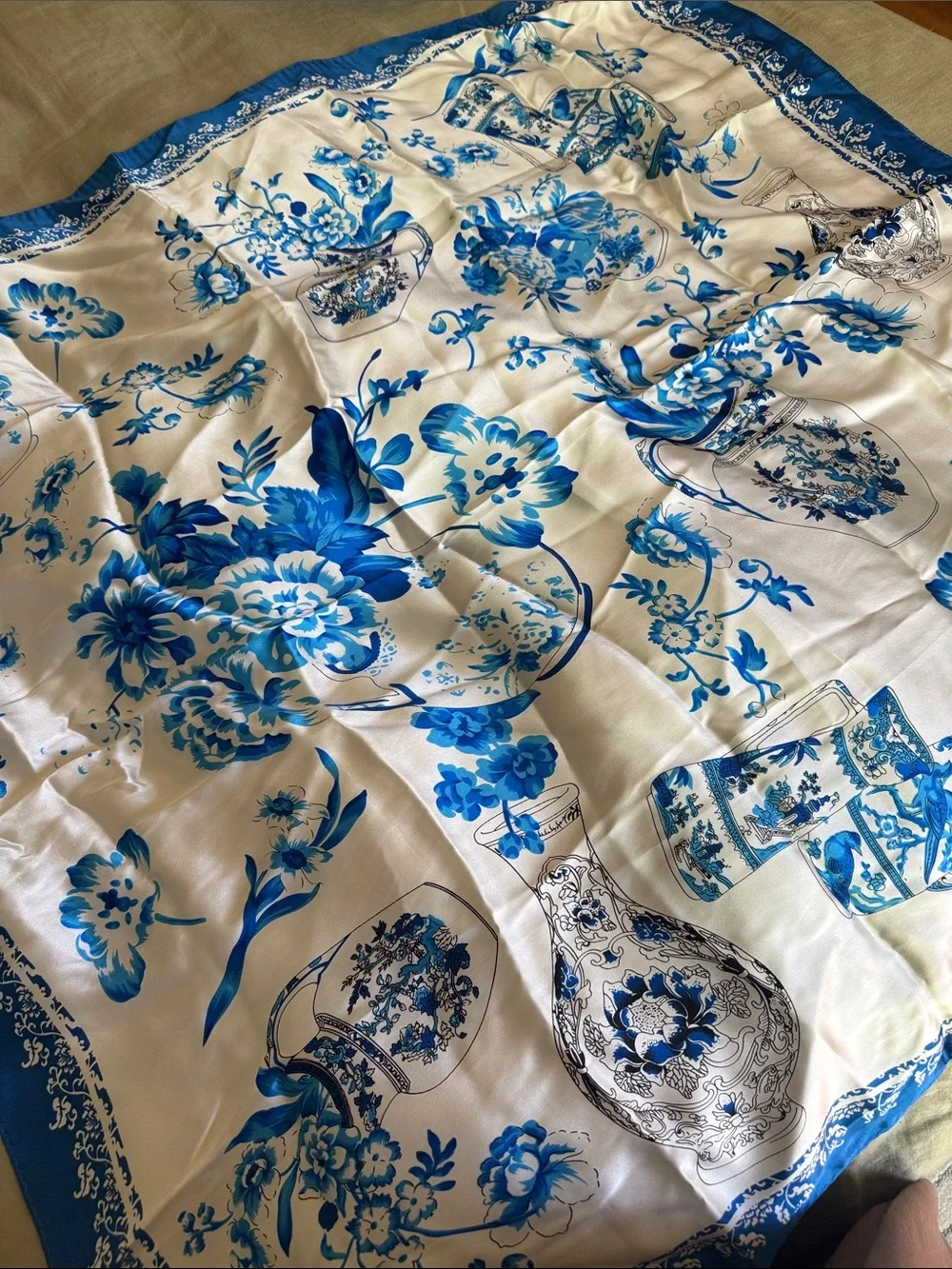 100% Silk Chinoiserie Scarf Blue & White Porcelain Print